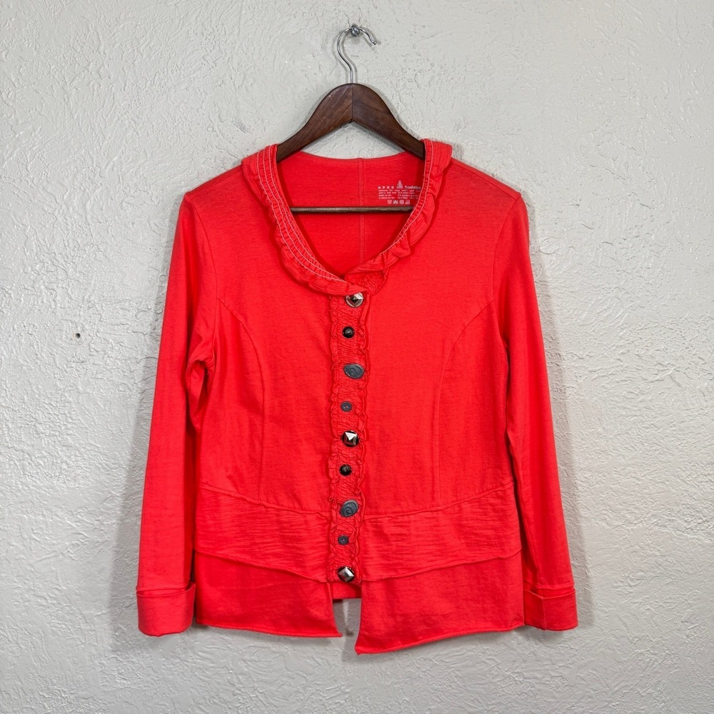 neon buddha Jacket Small Coral Ruffle Lightweight Cotton Stretch Travel Artsy